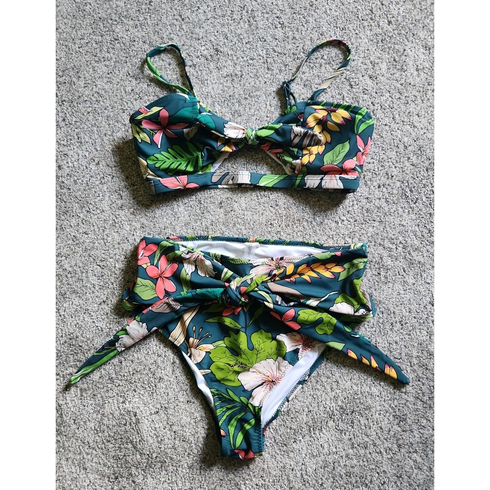 Cupshe Tropical Floral High Waisted Bikini Set Green Pink Hibiscus Size M
